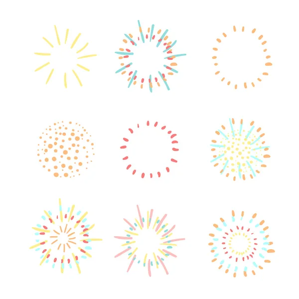 Ensemble vectoriel avec des illustrations abstraites doodle de feux d'artifice — Image vectorielle