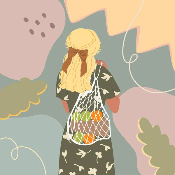 エコバッグで可愛い若い女の子のイラスト — ストックベクタ
