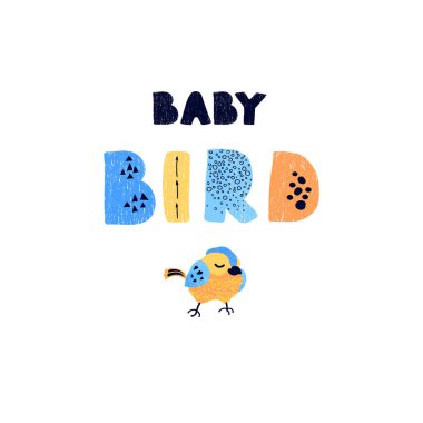 Kuş ve el çizimi harfler - Yavru kuş.