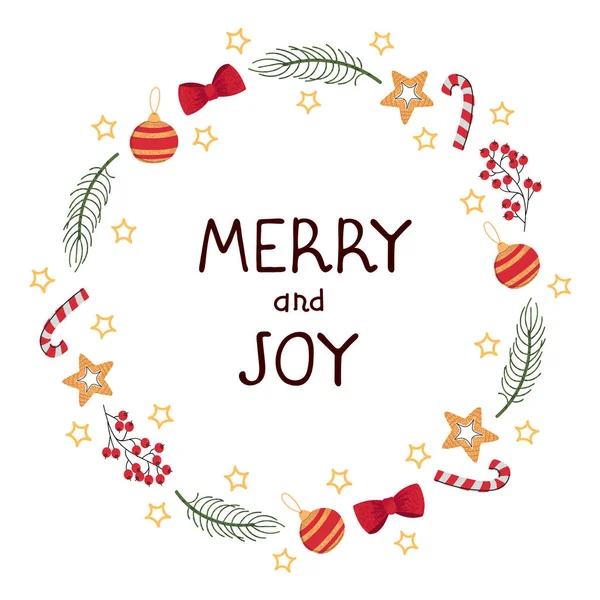 Vánoční věnec šablony a nápisy Merry ang Joy — Stockový vektor