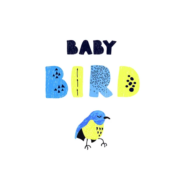 Πουλιά και ζωγραφισμένα στο χέρι γράμματα - Baby bird. — Διανυσματικό Αρχείο