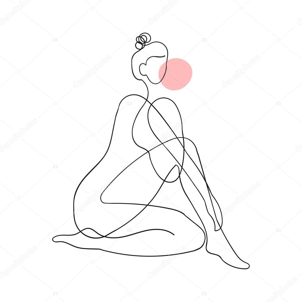Vector outline black and white illustration of woman body. One line drawing isolated on white background. Use it for design card, poster, banner, social Media post, fashion print, beaty salon logo