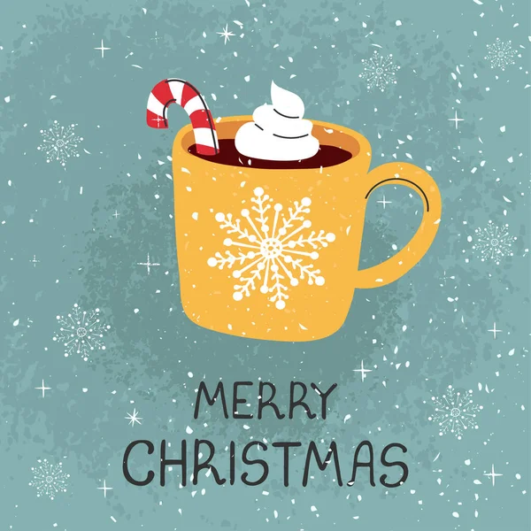 Безшовний фон з барвистим малюнком руки ілюстрація кухоль з какао та різдвяною тростиною — стоковий вектор