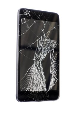 Kırık ekran beyaz zemin üzerine izole ile hareket eden smartphone