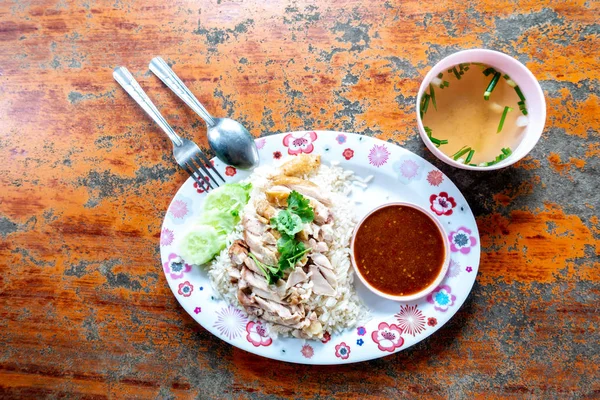 Hainan nasi ayam, Thailand gourmet ayam rebus dengan nasi, — Stok Foto