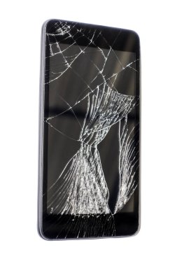 Kırık ekran beyaz zemin üzerine izole ile hareket eden smartphone