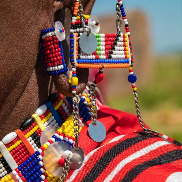 Tribal handicrafts jewelry on woman at Samburu Game Reserve, Africa