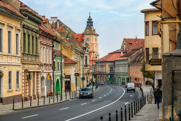 Europa Roménia Brasov Torre Relógio Cena Rua Vista Praça Conselho — Fotografia de Stock