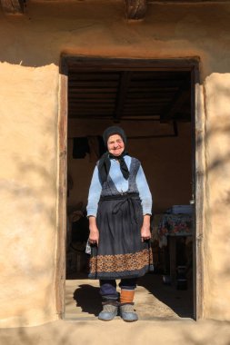 Romanya, Maramures County, Dobricu Lapusului. Geleneksel giyinmiş yerel bir kadın..