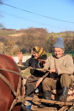 Avrupa, Transilvanya, Romanya, Suceava, yerel çiftçi ve eş başkanı onların atlı araba pazarına.