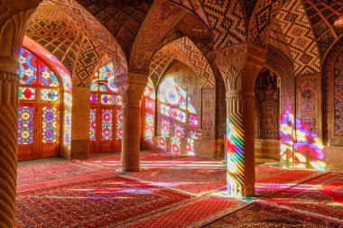 Islamic Republic of Iran. Shiraz. Nasir al-Mulk Mosque, the Pink Mosque located in Gawd-i Araban quarter, near Shah Cheragh Mosque. It has colored glass known as the Panj Kse, 
