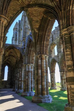 İngiltere'de, North Yorkshire, Whitby. Kuzey Denizi, East cliff. İngiliz Heritage site, Benedictine abbey, Whitby Abbey, manastır kalıntıları. İlham için erken İngiliz şair Caedmon ve Bram Stoker'ın gothic tale Drakula için.