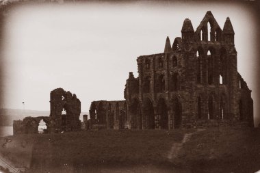 İngiltere'de, North Yorkshire, Whitby. Kuzey Denizi, East cliff. İngiliz Heritage site, Benedictine abbey, Whitby Abbey, manastır kalıntıları. İlham için erken İngiliz şair Caedmon ve Bram Stoker'ın gothic tale Drakula için.