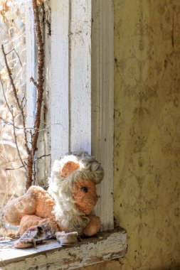 Doğu Avrupa, Ukrayna, Pripyat, Çernobil. Kırık pencerede oyuncak doldurulmuş.