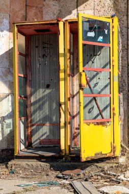 Eastern Europe, Ukraine, Pripyat, Chernobyl. Telephone booths. April 10, 2018. clipart