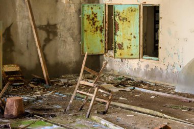 Doğu Avrupa, Ukrayna, Pripyat, Çernobil. Terk edilmiş bina iç.