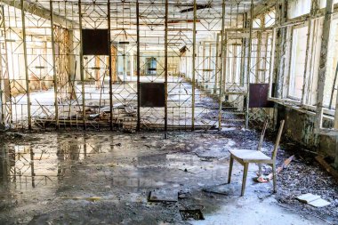 Eastern Europe, Ukraine, Pripyat, Chernobyl. Abandoned corridor of hospital building. clipart