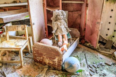 Doğu Avrupa, Ukrayna, Pripyat, Çernobil. Anaokulunda oyuncaklar.