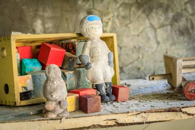 Doğu Avrupa, Ukrayna, Pripyat, Çernobil. Anaokulunda oyuncaklar.
