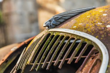 Avrupa, Fransa, Haute-Vienne, Oradour-sur-Glane. 5 Eylül 2019 'da. Oradour-sur-Glane şehit köyünün harabelerinde paslı bir araba..