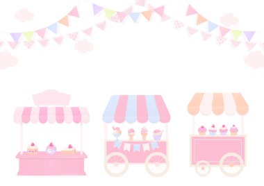 Fırın geçmişi. Pastel pastane ve dondurma dükkanı beyaz arka planda pastel bir bayrak ile süslenmiş..