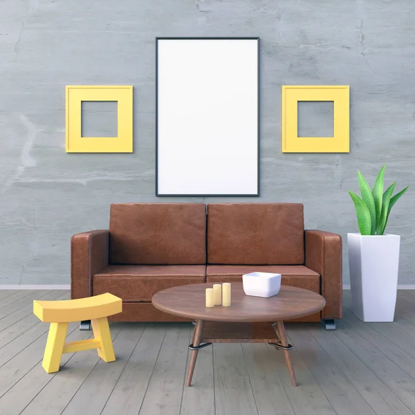 Mobilya ve gri duvar ile iç Mockup poster. 3d render.