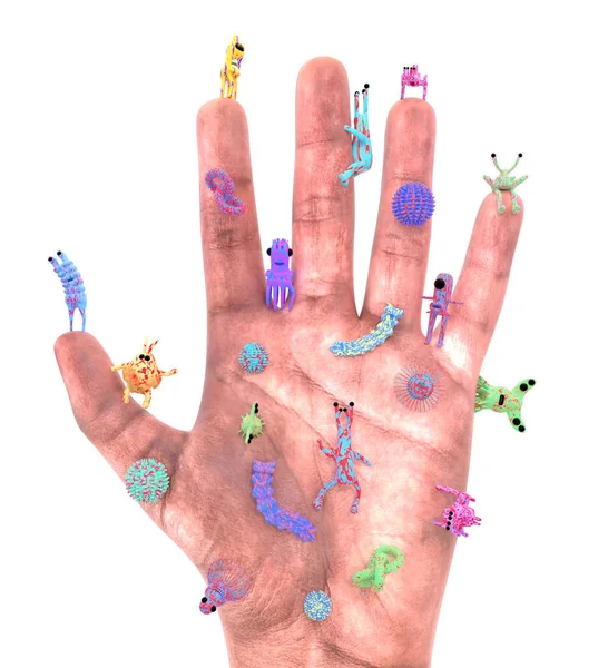 Mão Humano Com Micróbios Mãos Sujas Sujas Higiene Renderização — Fotografia de Stock