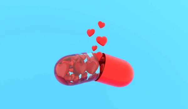 Aşk hapı. Aşk tableti. kalpleri ile apsule mavi arka plan üzerinde çözülür. 3d render.