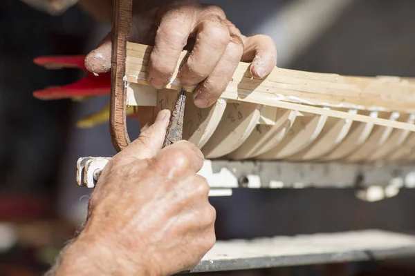 Old Man Working Creating Wooden Model Boat — Stock Photo, Image