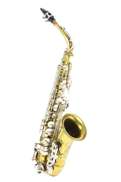 Saxophone Doré Argenté Laiton Sur Fond Blanc — Photo