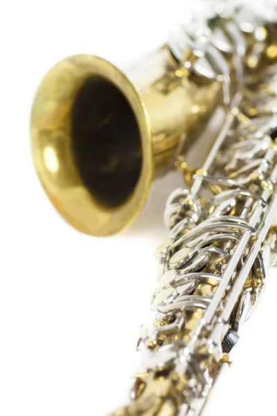 Detalhe Saxofone Bronze Ouro Prata Fundo Branco — Fotografia de Stock
