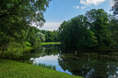 Alexander Pushkin parkta. Yaz tüm hızıyla var. Çocuk gölet görünümünü.
