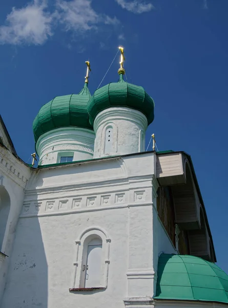 View of the Orthodox Church and domes in the old Slavic style. Alexander-Svirsky monastery in the Leningrad region.