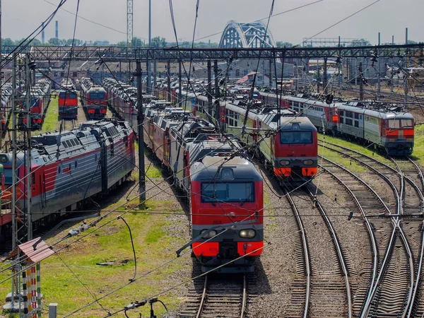 Banliyö trenleri ve tatildeki trenler. Saint Petersburg 'daki tren istasyonu..