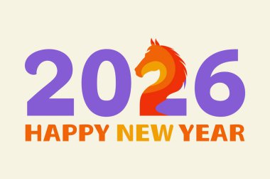 Mutlu yıllar, 2026, at yılı. Renkli modern afiş, kart, poster, metin ile vektör illüstrasyonu