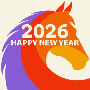 Mutlu yıllar, 2026, at yılı. Renkli modern afiş, kart, poster, metin ile vektör illüstrasyonu