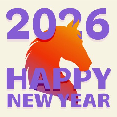 Mutlu yıllar, 2026, at yılı. Renkli modern afiş, kart, poster, metin ile vektör illüstrasyonu