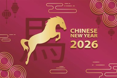 2026, yeni yıl kutlaması. 2026 Çin Yeni Yıl Tasarımı Altın At silueti, fenerler ve altın 2026 metni ile