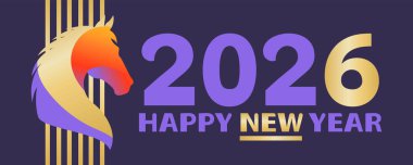 Mutlu yıllar, 2026, at yılı. Renkli modern afiş, kart, poster, metin ve altın elementli vektör illüstrasyonu