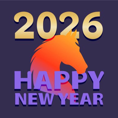 Mutlu yıllar, 2026, at yılı. Renkli modern afiş, kart, poster, metin ve altın elementli vektör illüstrasyonu