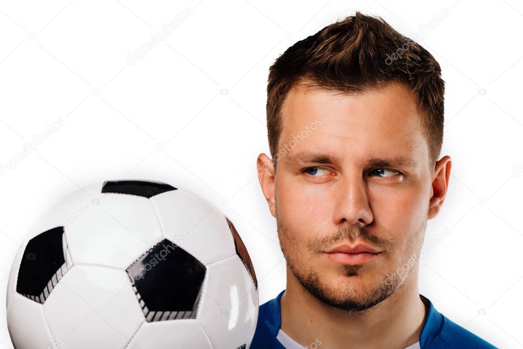 Close Up Portrait Of Young Handsome Football Player Soccer Posing On White Isolated Background And Holds The Ball In His Hand Blue Outfit Bristles Blue Eyes Larastock Close Up Portrait Of Young Handsome Football Player Soccer Posing On White Isolated Background And Holds The Ball In His Hand Blue Outfit Bristles Blue Eyes Larastock