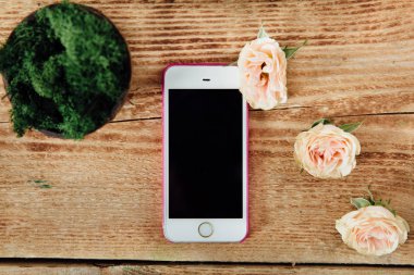 bir çiçekçi bir bitki yanındaki ahşap masa üstünde Smartphone.