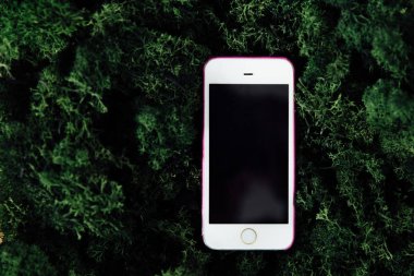 Smartphone ile yeşil yosun arka plan üzerinde siyah ekran.