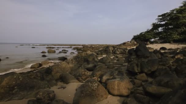 Bella ragazza siede su rocce vicino alla riva del mare e guarda in lontananza . — Video Stock