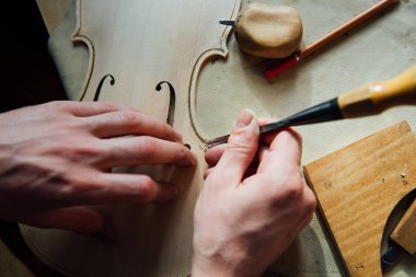 Bir keman oluşturulması üzerinde çalışan esnaf luthier usta. ahşap üzerine özenli detaylı çalışma.