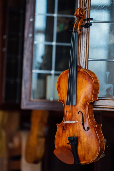 Closeup view of beautiful brown wooden string musical instrument of violin. — Stock Photo, Image