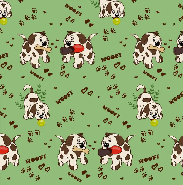 pattern of cartoon dogs play the ball and sneakers on a green background