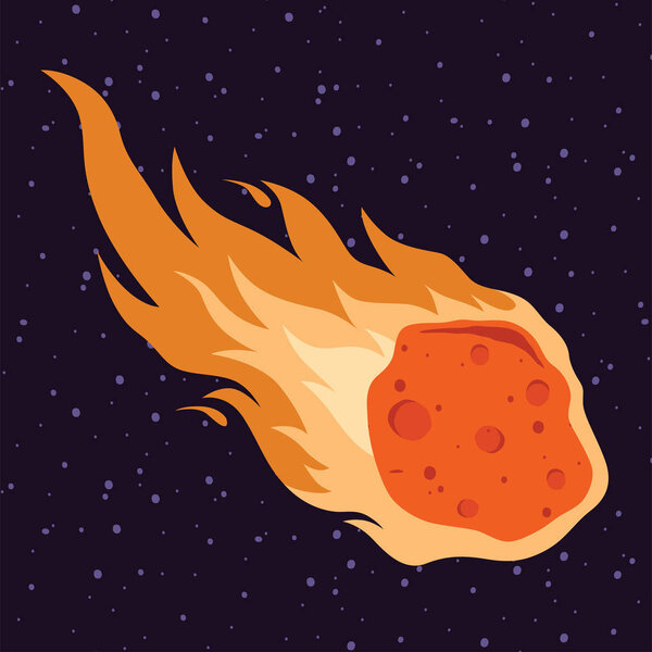 Flame meteor, asteroid,  meteor rain fall  vector illustration in cartoon style. 