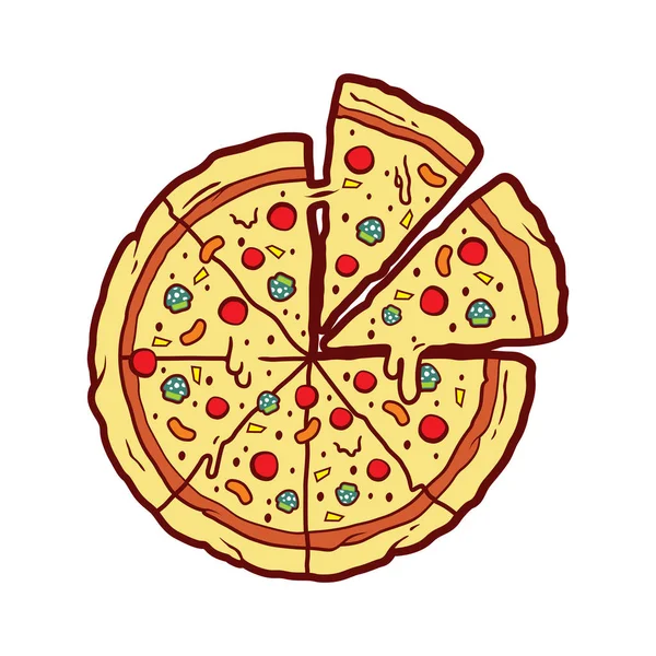 Pizza çizgi film illüstrasyon vektör erimiş Mozarella Peyniri, mantar, sosis tepesi ile.