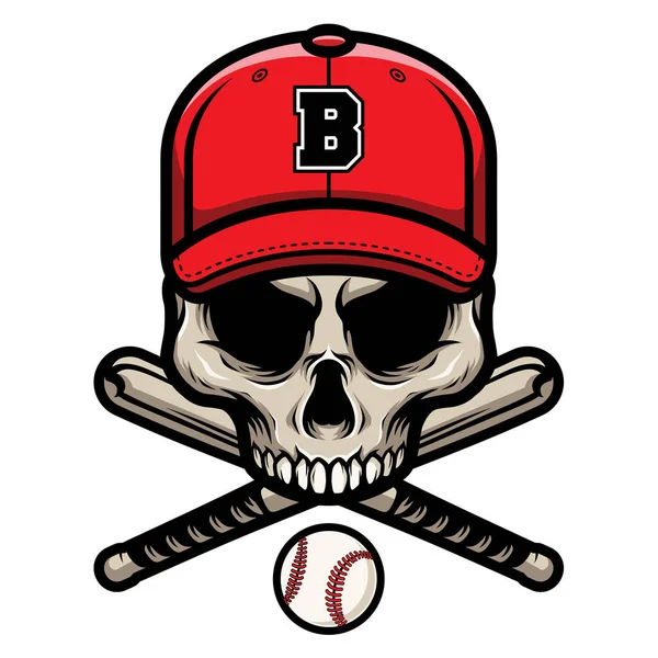 Cráneo Con Murciélago Béisbol Cruzado Una Insignia Logotipo Gorra — Vector de stock